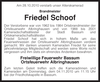 Traueranzeige von Friedel Schoof von KREISZEITUNG SYKE