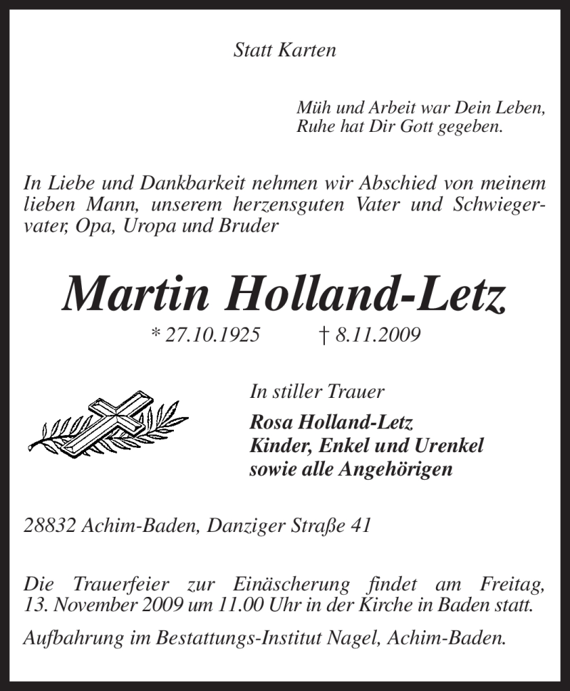  Traueranzeige für Martin Holland-Letz vom 11.11.2009 aus KREISZEITUNG SYKE