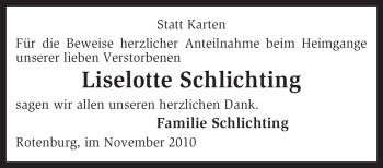 Traueranzeige von Liselotte Schlichting von KREISZEITUNG SYKE