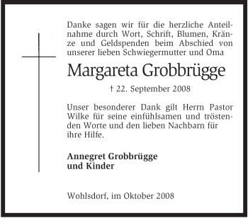 Traueranzeige von Margareta Grobbrügge von KREISZEITUNG SYKE