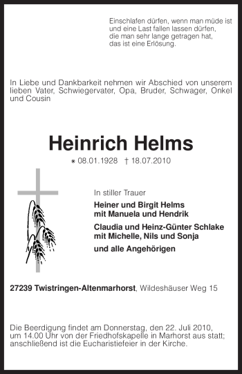 Traueranzeige von Heinrich Helms von KREISZEITUNG SYKE