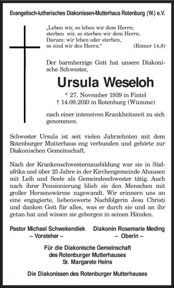 Traueranzeige von Ursula Weseloh von KREISZEITUNG SYKE