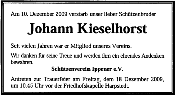 Traueranzeige von Johann Kieselhorst von KREISZEITUNG SYKE