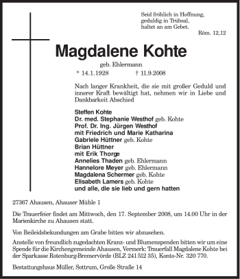 Traueranzeige von Magdalene Kohte von KREISZEITUNG SYKE