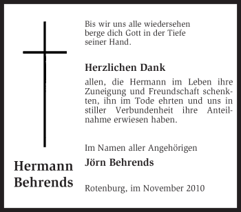 Traueranzeige von Hermann Behrends von KREISZEITUNG SYKE