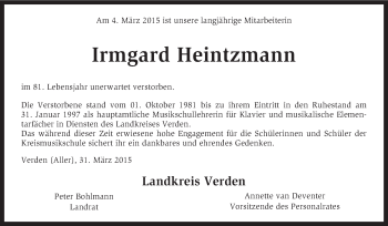 Traueranzeige von Irmgard Heintzmann von KRZ