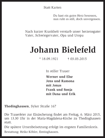 Traueranzeige von Johann Bielefeld von KRZ