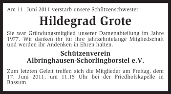 Traueranzeige von Hildegard Grote von KREISZEITUNG SYKE