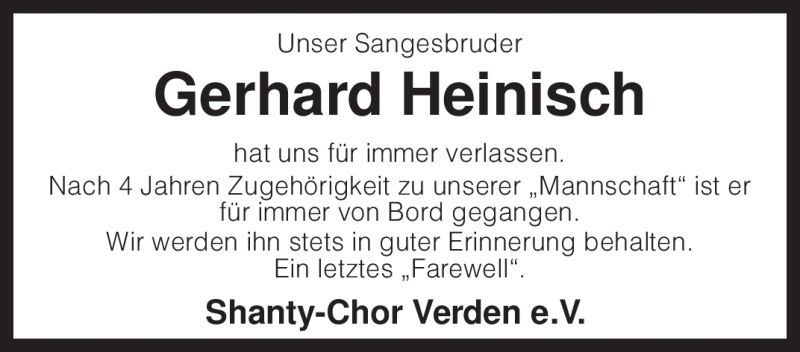  Traueranzeige für Gerhard Heinisch vom 25.01.2011 aus KREISZEITUNG SYKE