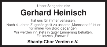 Traueranzeige von Gerhard Heinisch von KREISZEITUNG SYKE