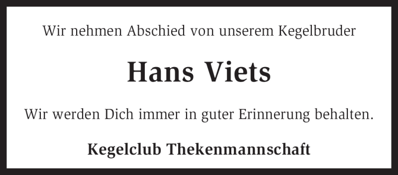  Traueranzeige für Hans Viets vom 22.05.2010 aus KREISZEITUNG SYKE