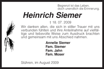 Traueranzeige von Heinrich Siemer von KREISZEITUNG SYKE