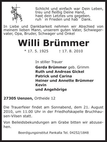 Traueranzeige von Willi Brümmer von KREISZEITUNG SYKE