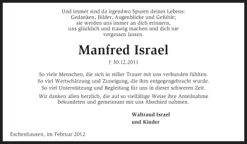 Traueranzeige von Manfred Israel von KREISZEITUNG SYKE