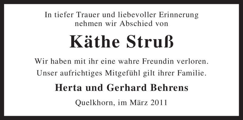  Traueranzeige für Käthe Struß vom 15.03.2011 aus KREISZEITUNG SYKE