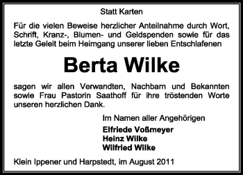 Traueranzeige von Berta Wilke von KREISZEITUNG SYKE