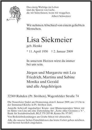 Traueranzeige von Lisa Siekmeier 