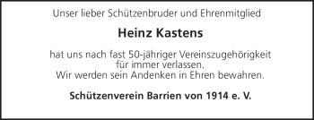 Traueranzeige von Heinz Kastens von KREISZEITUNG SYKE