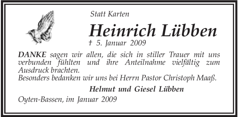  Traueranzeige für Heinrich Lübben vom 31.01.2009 aus KREISZEITUNG SYKE