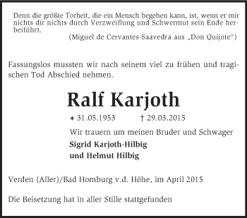 Traueranzeige von Ralf Karjoth von KRZ