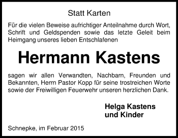 Traueranzeige von Hermann Kastens von KRZ