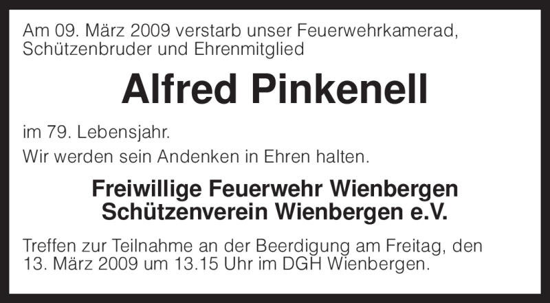  Traueranzeige für Alfred Pinkenell vom 12.03.2009 aus KREISZEITUNG SYKE