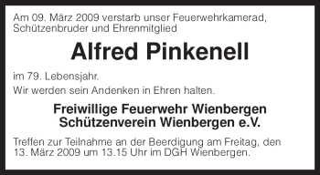 Traueranzeige von Alfred Pinkenell von KREISZEITUNG SYKE