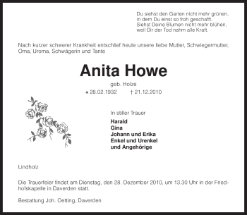 Traueranzeige von Anita Howe von KREISZEITUNG SYKE