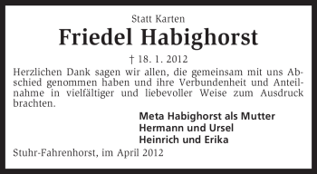 Traueranzeige von Friedel Habighorst von KREISZEITUNG SYKE