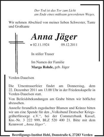 Traueranzeige von Anna Jäger von KREISZEITUNG SYKE