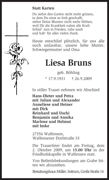 Traueranzeige von Liesa Bruns von KREISZEITUNG SYKE