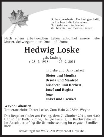 Traueranzeige von Hedwig Loske von KREISZEITUNG SYKE