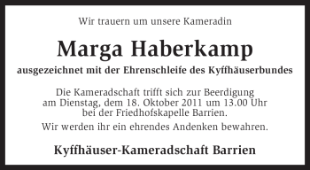 Traueranzeige von Marga Haberkamp von KREISZEITUNG SYKE