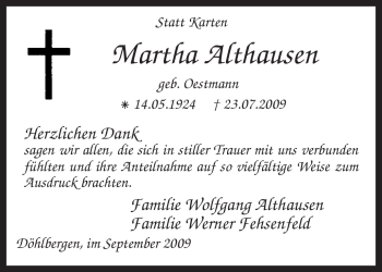 Traueranzeige von Martha Althausen von KREISZEITUNG SYKE