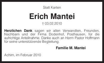 Traueranzeige von Erich Mantei von KREISZEITUNG SYKE