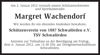 Traueranzeige von Margret Wachendorf von KREISZEITUNG SYKE