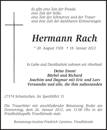 Traueranzeige von Hermann Rach von KREISZEITUNG SYKE