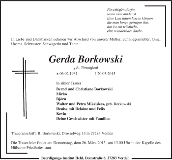 Traueranzeige von Gerda Borkowski von KRZ