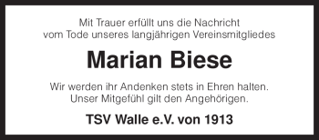 Traueranzeige von Marian Biese von KREISZEITUNG SYKE