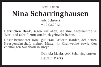 Traueranzeige von Nina Scharringhausen von KREISZEITUNG SYKE