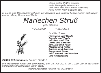 Traueranzeige von Mariechen Struß von KREISZEITUNG SYKE