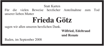 Traueranzeige von Frieda Götz von KREISZEITUNG SYKE