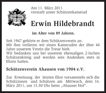 Traueranzeige von Erwin Hildebrandt von KREISZEITUNG SYKE