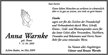 Traueranzeige von Anna Warnke von KREISZEITUNG SYKE