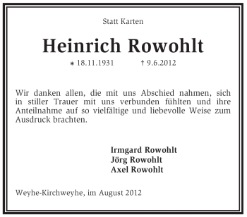 Traueranzeige von Heinrich Rohwohlt von KREISZEITUNG SYKE