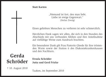 Traueranzeige von Gerda Schröder von KREISZEITUNG SYKE