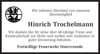 Traueranzeige von Hinrich Trochelmann von KREISZEITUNG SYKE