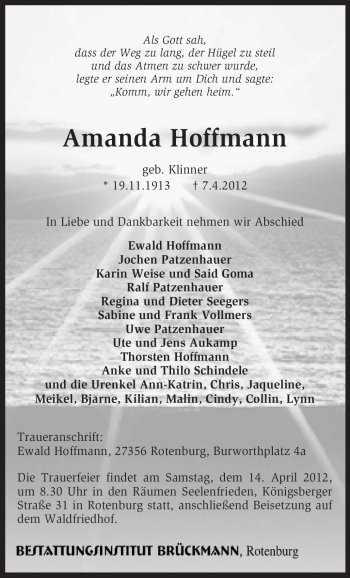 Traueranzeige von Amanda Hoffmann von KREISZEITUNG SYKE