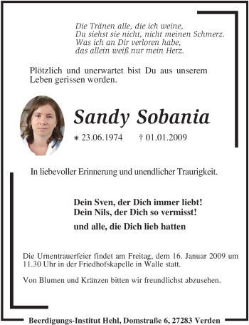 Traueranzeige von Sandy Sobania von KREISZEITUNG SYKE