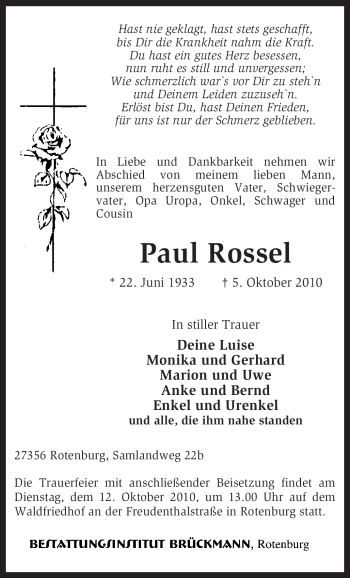 Traueranzeige von Paul Rossel von KREISZEITUNG SYKE